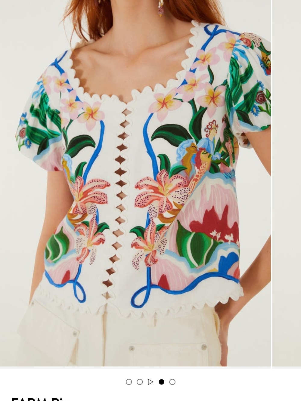 Farm Rio White Floral Embroidered Puff-Sleeve Top
